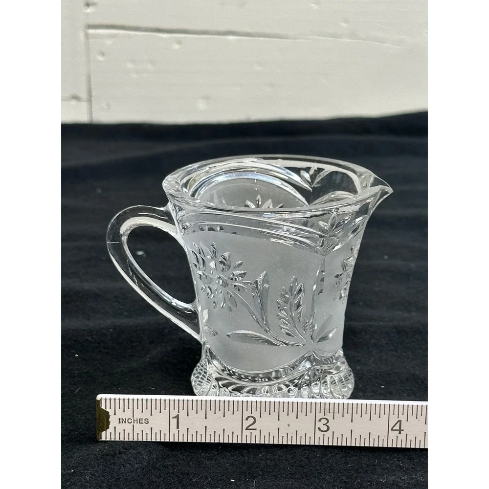 Vintage Frosted Floral Glass Creamer Pitcher Daisy Wheat Cut Design Starburst